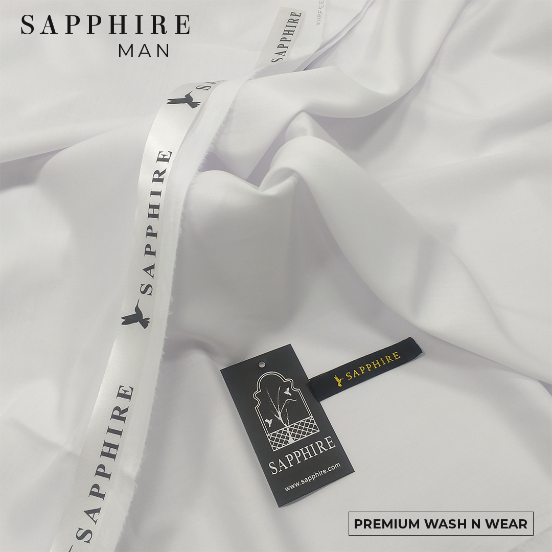 Sapphire Mens premium Wash & Wear unstitched fabric for men|White